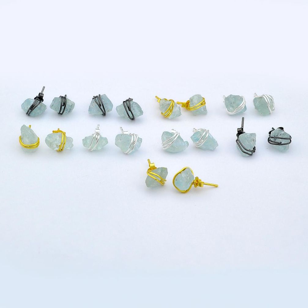 Wholesale lot of 9 natural raw aquamarine wire wrapped 925 silver stud earrings W922