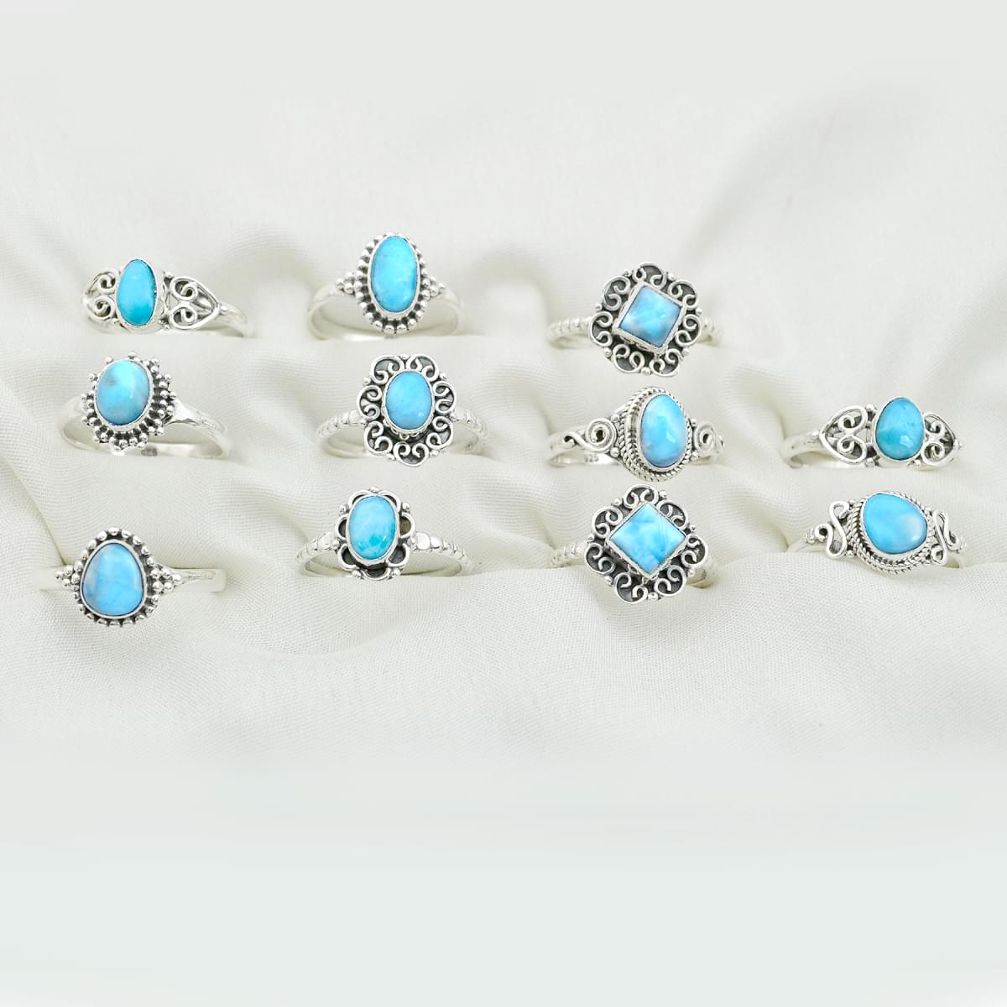 Wholesale lot of 11 natural blue larimar 925 silver rings (size 5-9)W948