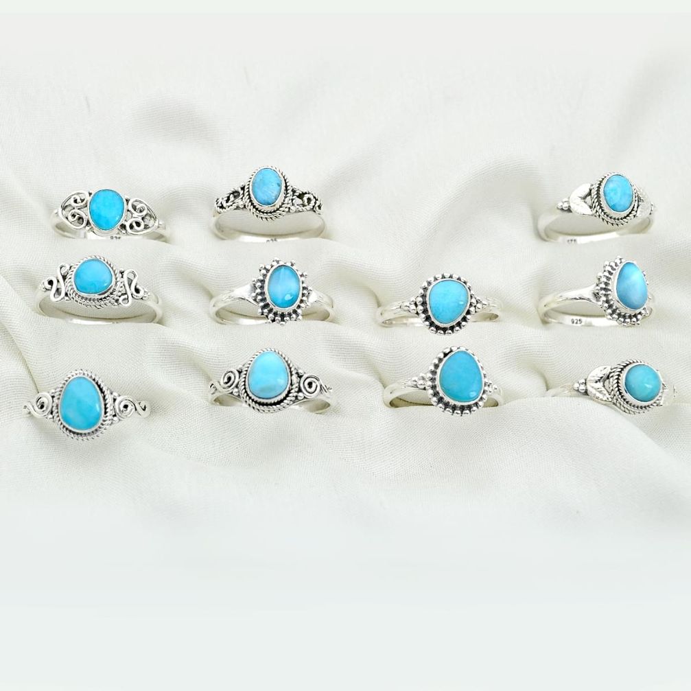Wholesale lot of 11 natural blue larimar 925 silver rings (size 7-8.5) W949