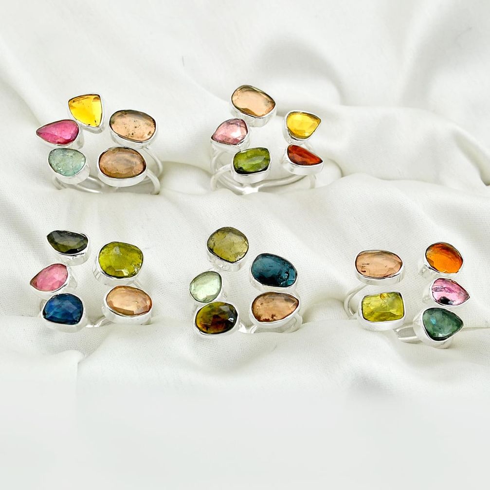 Wholesale lot of 5 natural tourmaline 925 silver rings (size 7-9) w967