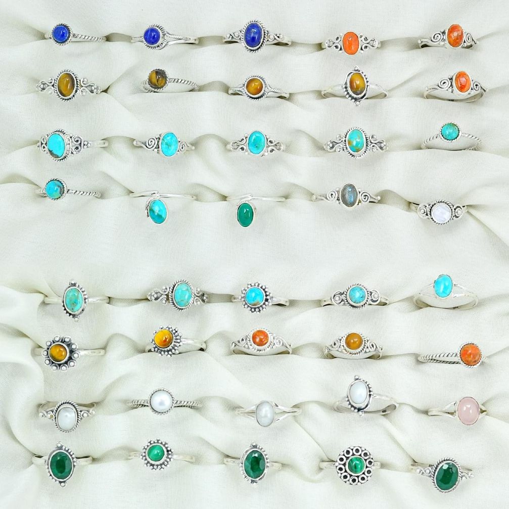 Wholesale lot of 40 natural multi gemstone 925 silver rings (size 4-9) w982