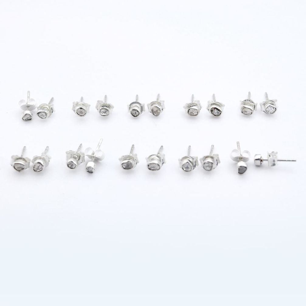 wholesale lot of 10 natural white diamond (polki)  925 silver stud earrings w990