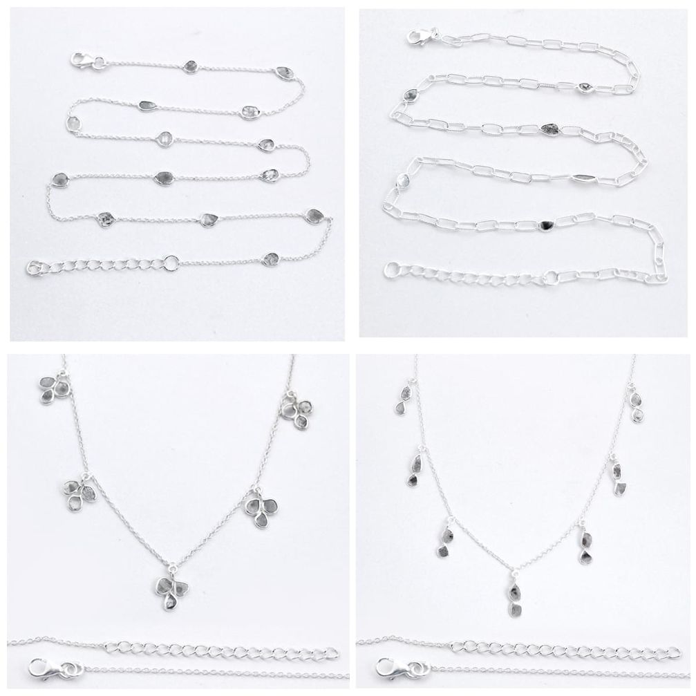 Wholesale lot of 5 natural white diamond (polki) 925 sterling silver necklace w994