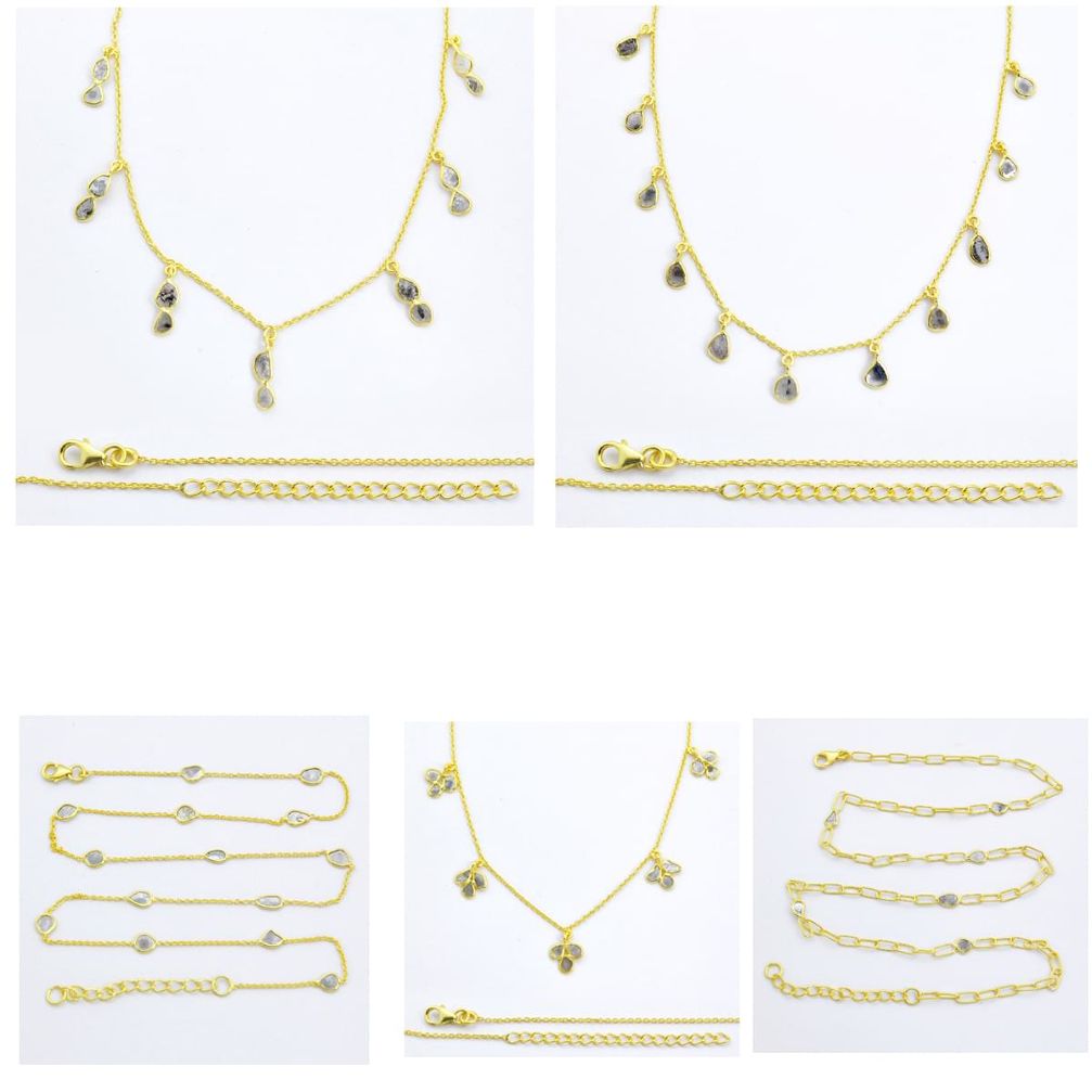 Wholesale lot of 5 natural white diamond (polki) 925 sterling silver, gold plated necklace w995
