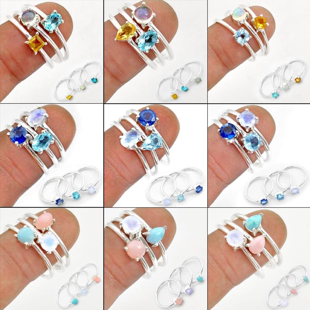 23.51cts stackable wholesale lot of 9 natural multi color multi gemstone 925 silver 3 rings size 5 - 9