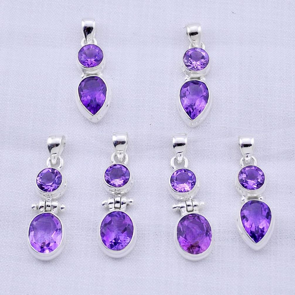 24.09gms wholesale lot of 6 natural purple amethyst 925 sterling silver pendant