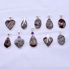 61.69gms wholesale lot of 10 natural brown mushroom rhyolite 925 silver pendant