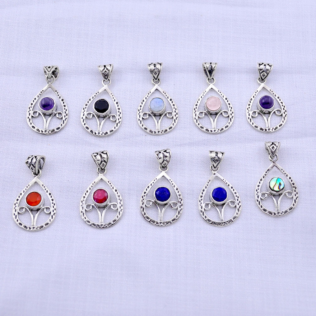 0.00gms wholesale lot of 10 natural multicolor multi gemstone 925 silver pendant