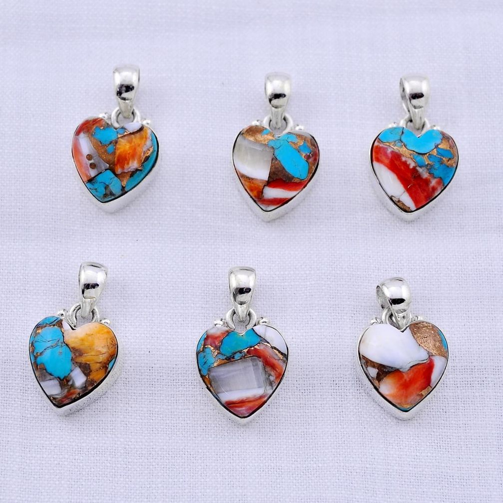 0.00gms wholesale lot of 6 spiny oyster arizona turquoise 925 silver pendant