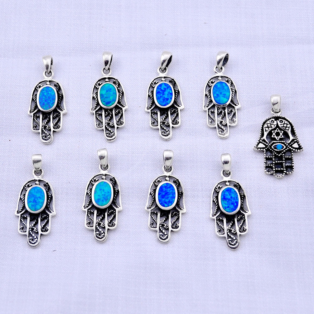 28.89gms wholesale lot of 9 blue australian opal (lab) 925 silver hand of god hamsa pendant