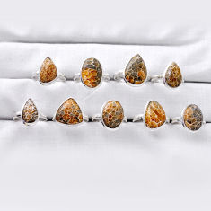 39.26gms wholesale lot of 9 natural brown dinosaur bone fossilized 925 silver ring size 6.5 - 9 z227