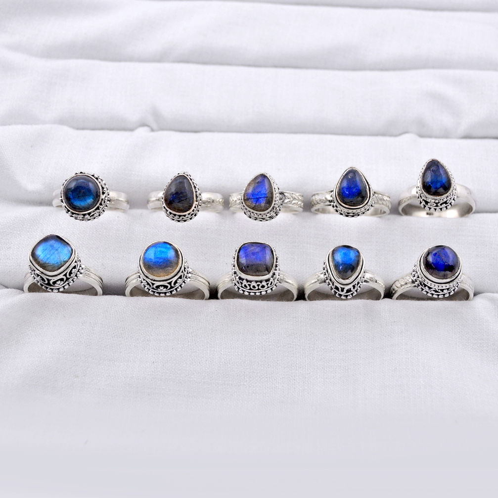 56.54gms wholesale lot of 10 natural blue labradorite 925 silver ring size 6 - 8.5 z302