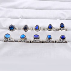 56.54gms wholesale lot of 10 natural blue labradorite 925 silver ring size 6 - 8.5 z302