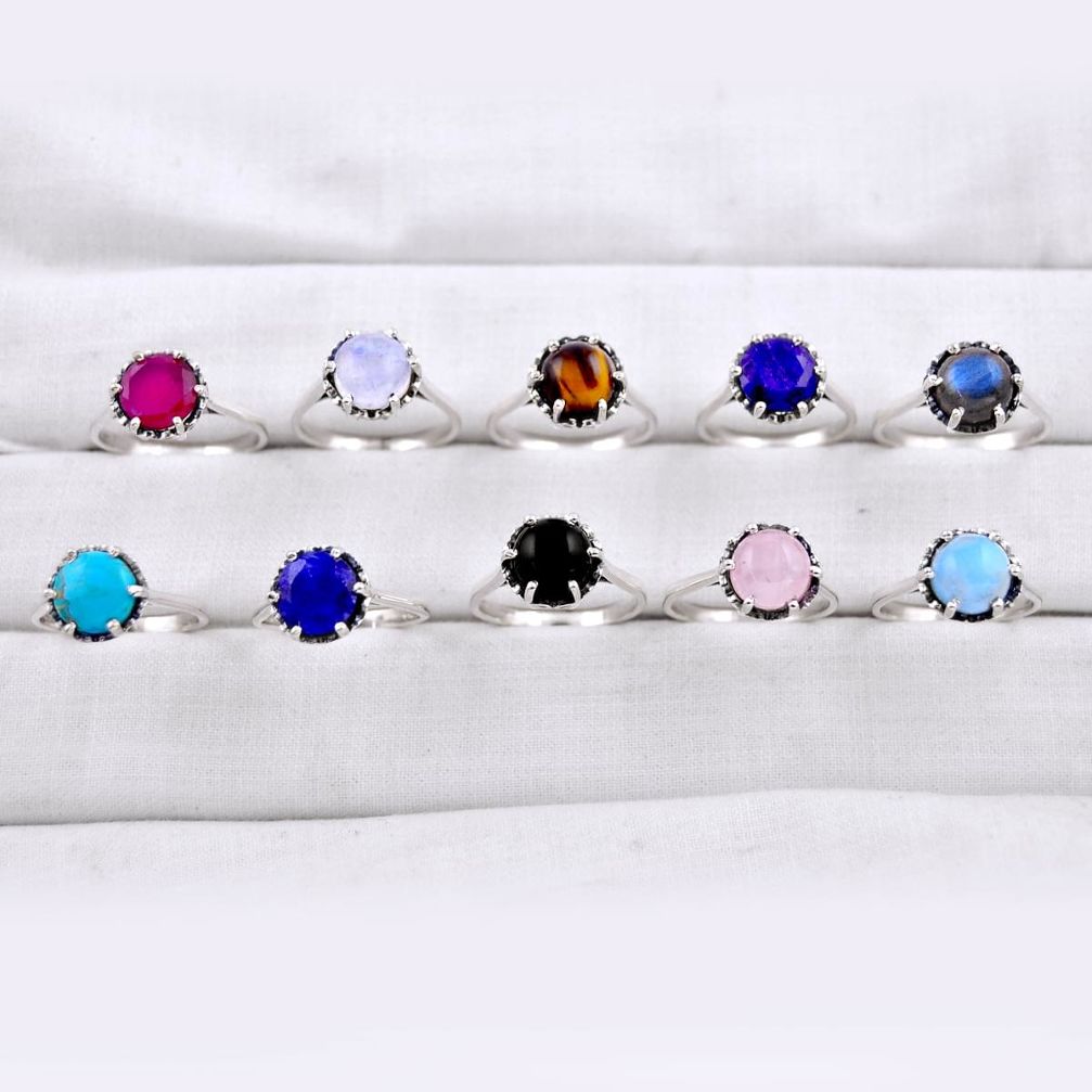 31.59gms wholesale lot of 10 natural multi color multi gemstone 925 silver ring size 7 - 9 z307