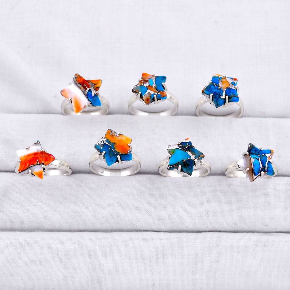 29.03gms wholesale lot of 7 spiny oyster arizona turquoise 925 silver ring size 5.5 - 9 z328